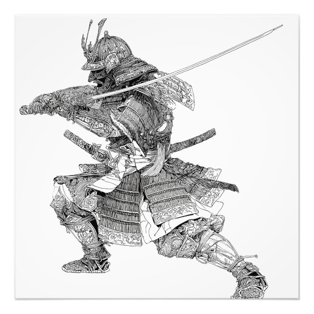 Dynamic Black White Samurai Warrior Drawing Photo Print (Front)