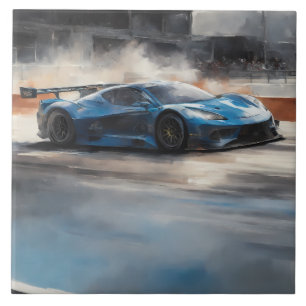 Dynamic Blue Urban Race Scene Ceramic Tile