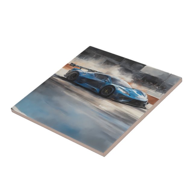 Dynamic Blue Urban Race Scene Ceramic Tile (Side)