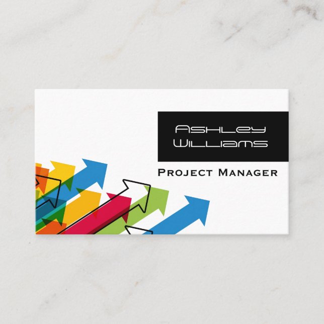 Dynamic Colourful Arrows Modern Project Manager Business Card (Front)