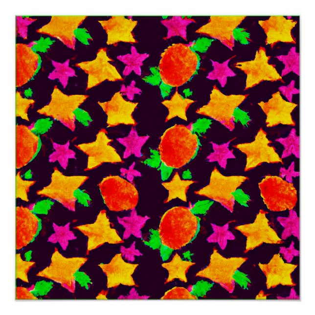 Dynamic Colourful Fruits and Stars Pattern Art Poster (Front)