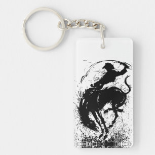 Dynamic Cowboy Rodeo Silhouette Art Key Ring