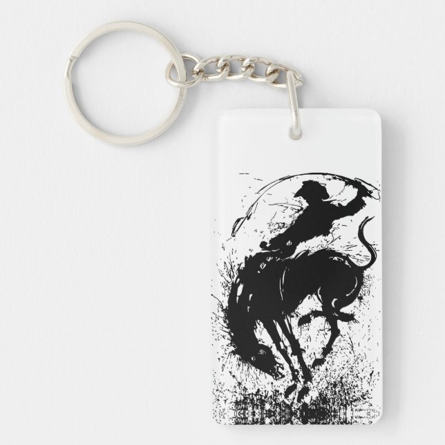 Dynamic Cowboy Rodeo Silhouette Art Key Ring (Front)