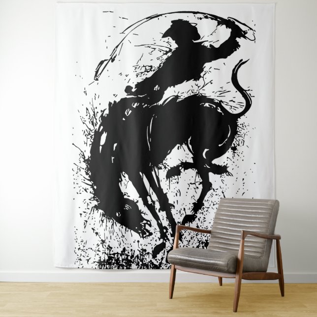 Dynamic Cowboy Rodeo Silhouette Art Tapestry (In Situ)