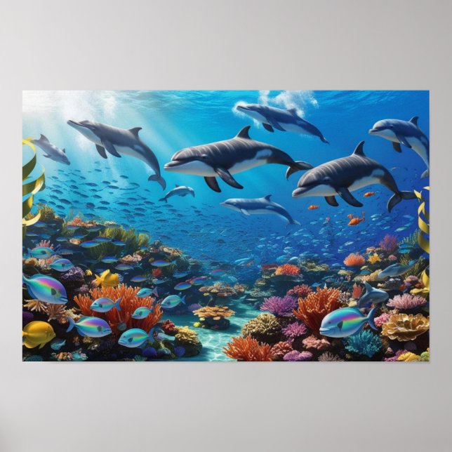 Dynamic Dolphin Pod & Fishes - Vibrant Coral Reef Poster (Front)