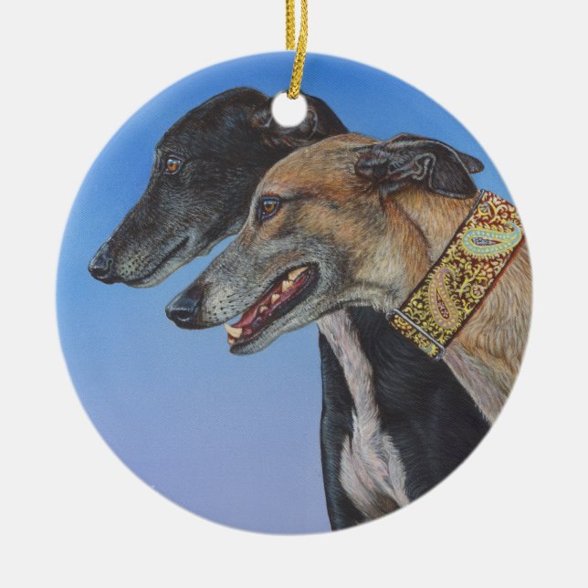 Dynamic Duo Doberman Whippet dog painting art Ceramic Tree Decoration (Front)