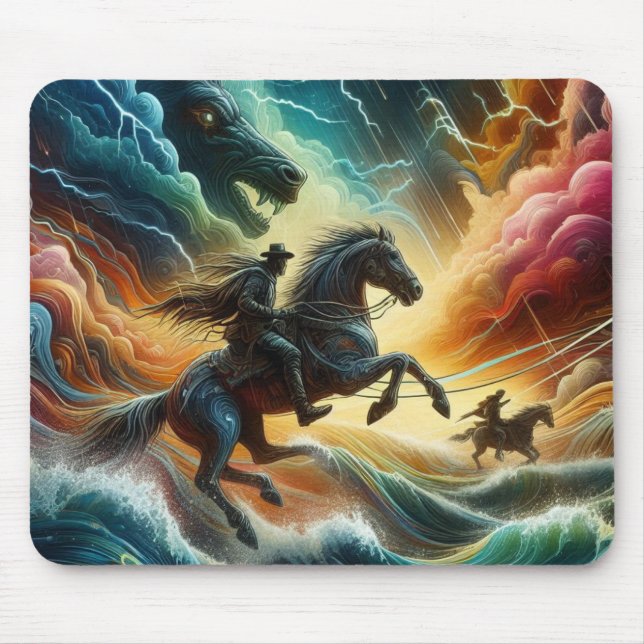 Dynamic Duo: Stormy Horseback Adventure Mouse Pad (Front)