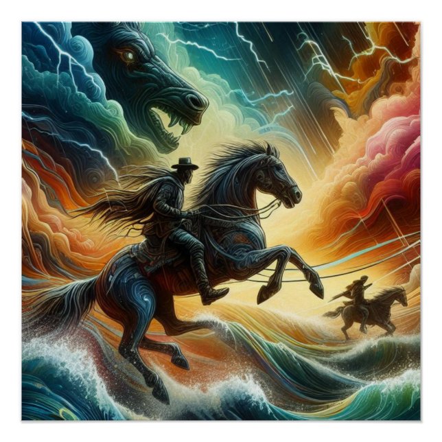 Dynamic Duo: Stormy Horseback Adventure Poster (Front)