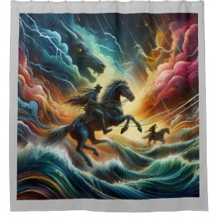 Dynamic Duo: Stormy Horseback Adventure Shower Curtain