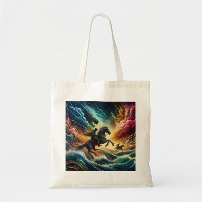 Dynamic Duo: Stormy Horseback Adventure Tote Bag (Front)
