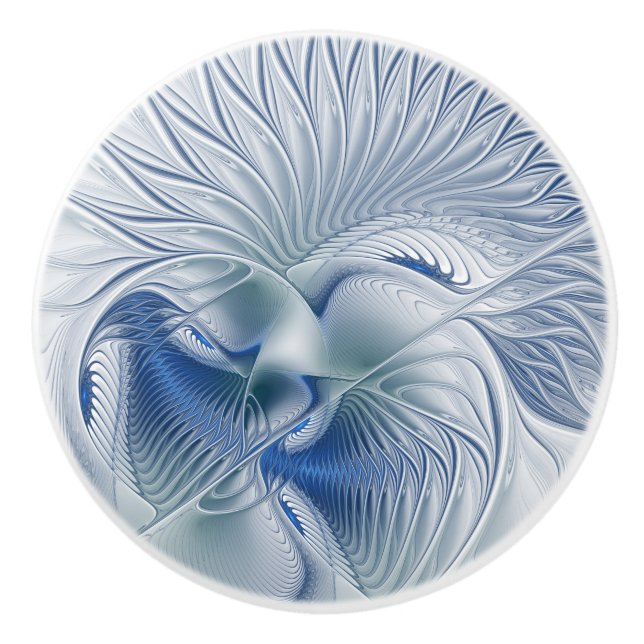 Dynamic Fantasy Abstract Blue Tones Fractal Art Ceramic Knob (Front)