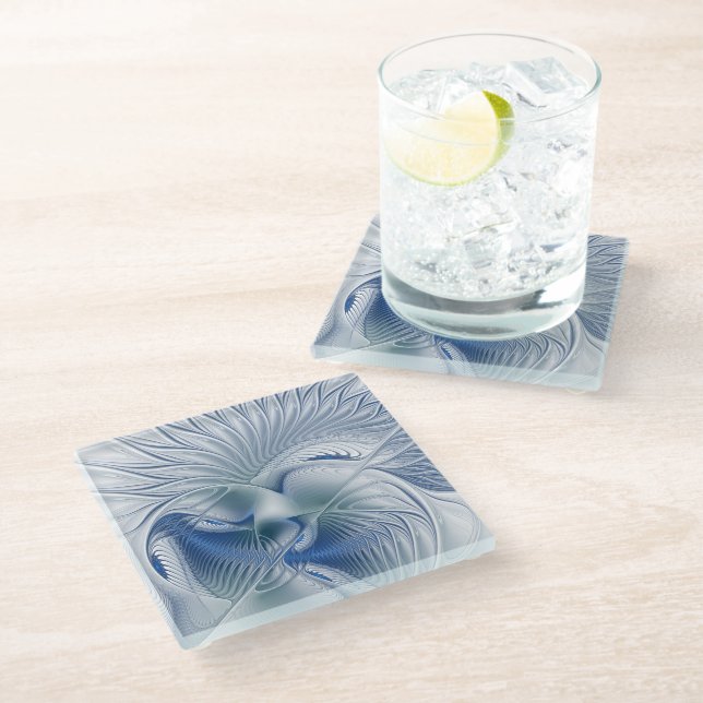 Dynamic Fantasy Abstract Blue Tones Fractal Art Glass Coaster (Angled)
