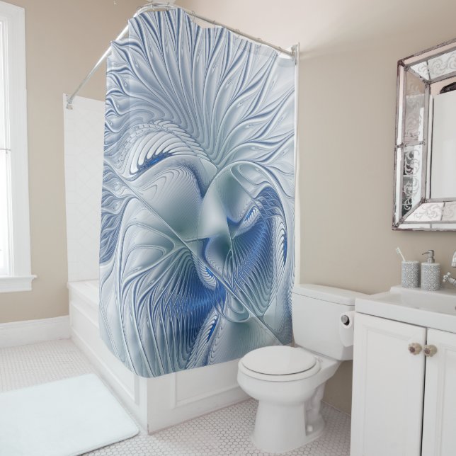 Dynamic Fantasy Abstract Blue Tones Fractal Art Shower Curtain (In Situ)