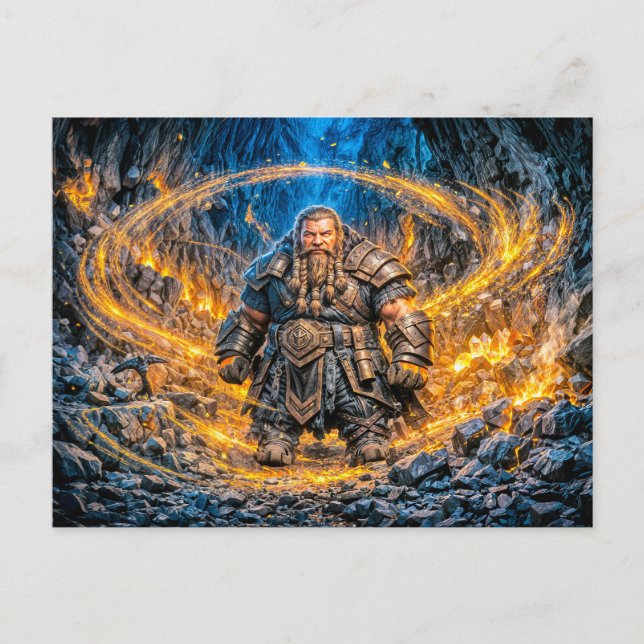Dynamic Fantasy Dwarf Working in Enchanted Mine Postcard (Front)