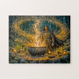 Dynamic Fantasy Wizard with Glowing Magical Cauldr Jigsaw Puzzle