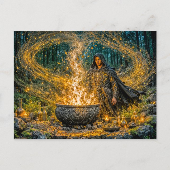 Dynamic Fantasy Wizard with Glowing Magical Cauldr Postcard (Front)