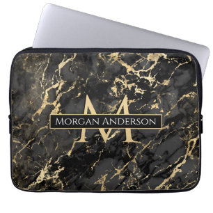 Dynamic Gold & Black Marble, DIY Monogram & Name Laptop Sleeve
