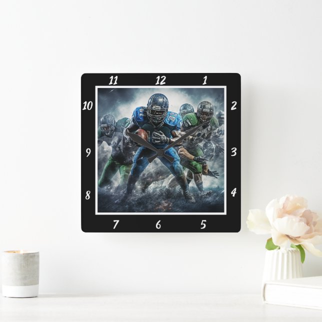 Dynamic High Energy Football Action Scene Square Wall Clock (Home)