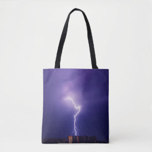 Dynamic Lightning Bolt Over Cityscape Tote Bag