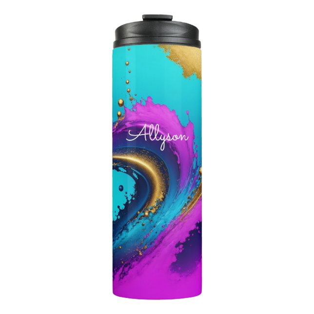 Dynamic Liquid Abstract, White Script Name Thermal Tumbler (Front)