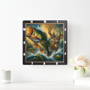 Dynamic Nature Bass Deer Square Wall Clock
