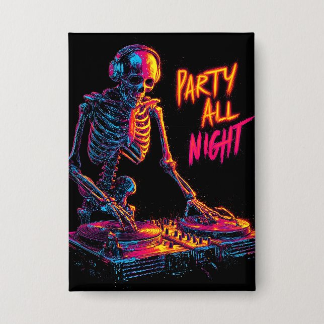 Dynamic Neon-Coloured Skeleton DJ Spinning Records (Front)