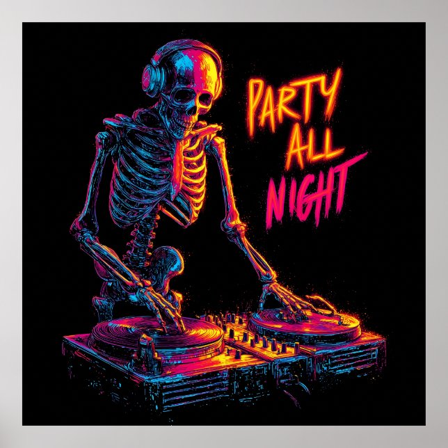 Dynamic Neon-Coloured Skeleton DJ Spinning Records Poster (Front)