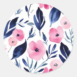 Dynamic Pink and Navy Watercolor Classic Round Sticker