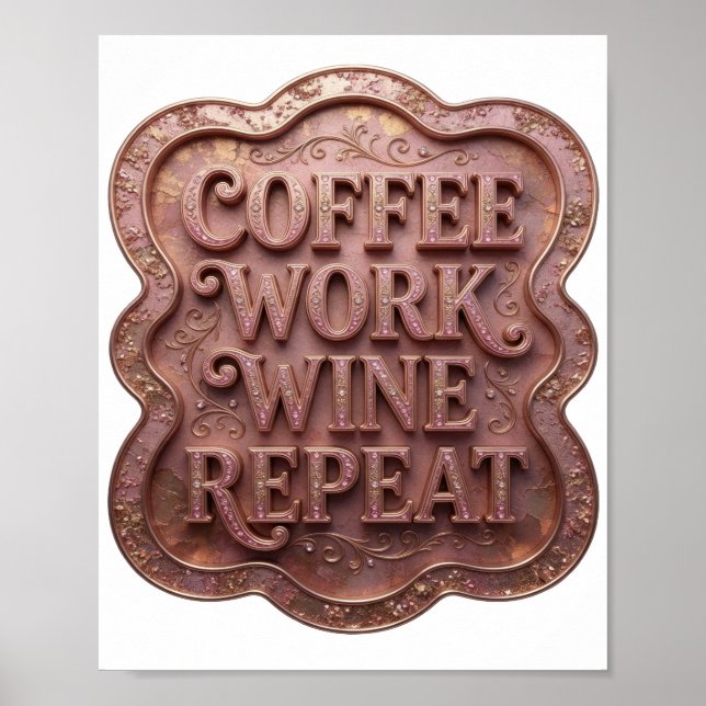 Dynamic Pink COFFEE WORK WINE REPEAT 3D Text Art Poster (Front)