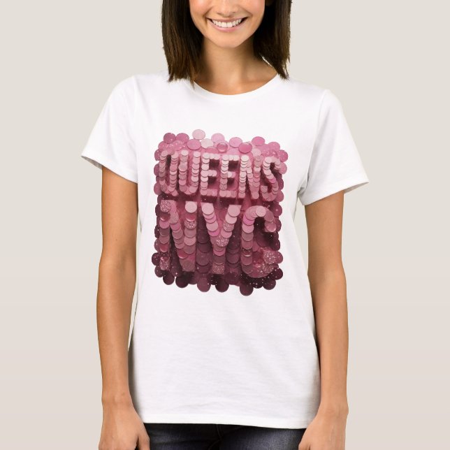 Dynamic Pink QUEENS NYC 3D Text Art T-Shirt (Front)