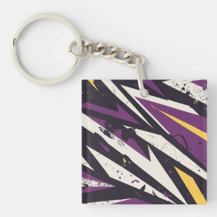 Dynamic Purple and Yellow Geometric Abstract Art Key Ring