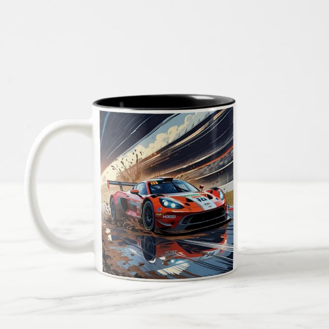 Dynamic Racing Car Illustration with Splashing Mud Two-Tone Coffee Mug (Left)