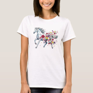 Dynamic Running Horse with Trailing Roses Art T-Shirt