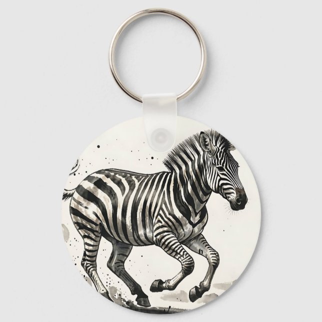 Dynamic Running Zebra Ink Art Key Ring (Front)