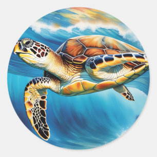 Dynamic Sea Turtle Wave Watercolor Classic Round Sticker