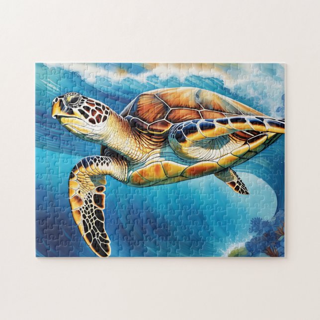 Dynamic Sea Turtle Wave Watercolor Jigsaw Puzzle (Horizontal)