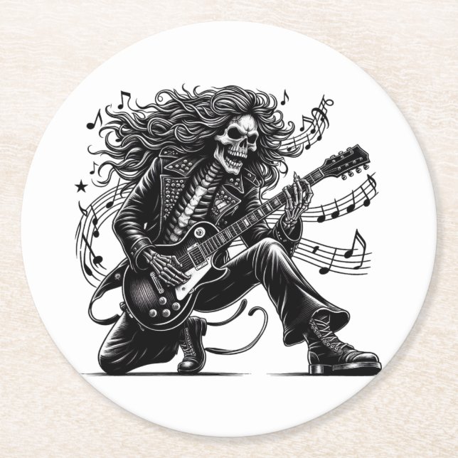 Dynamic Skeleton Rockstar Playing Electric Guitar  Round Paper Coaster (Front)