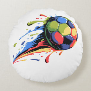 Dynamic Soccer Ball Paint Splatter Colourful Sport Round Cushion