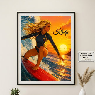 Dynamic Surfer Girl Sunset Custom Name Kirsty Poster