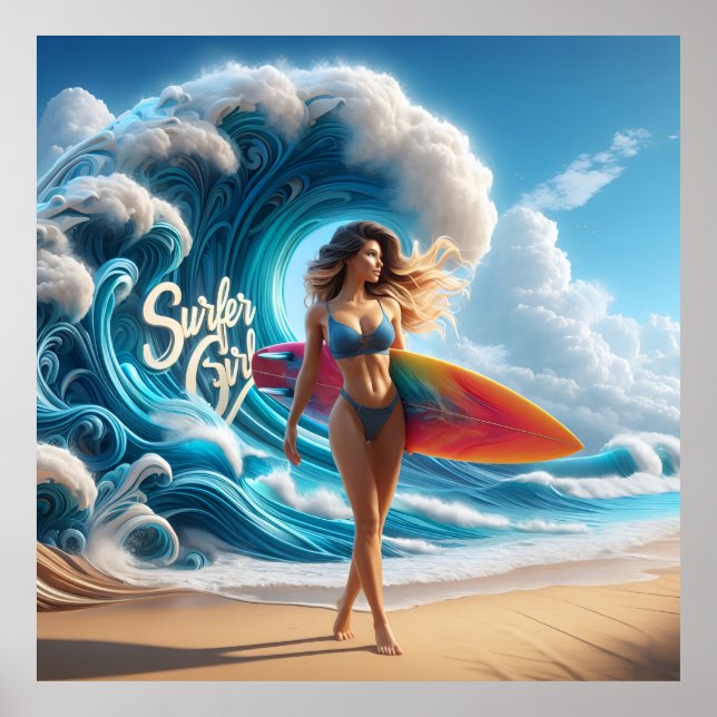 Dynamic Surfer Girl Walking Beach Waves Art Poster (Front)