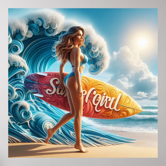 Dynamic Surfer Girl Walking Beach Waves Art Poster (Front)