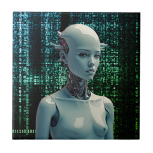 Dynamic Surreal Art - Futuristic Humanoid Robot Ceramic Tile