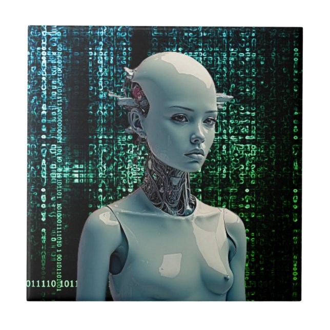 Dynamic Surreal Art - Futuristic Humanoid Robot Ceramic Tile (Front)