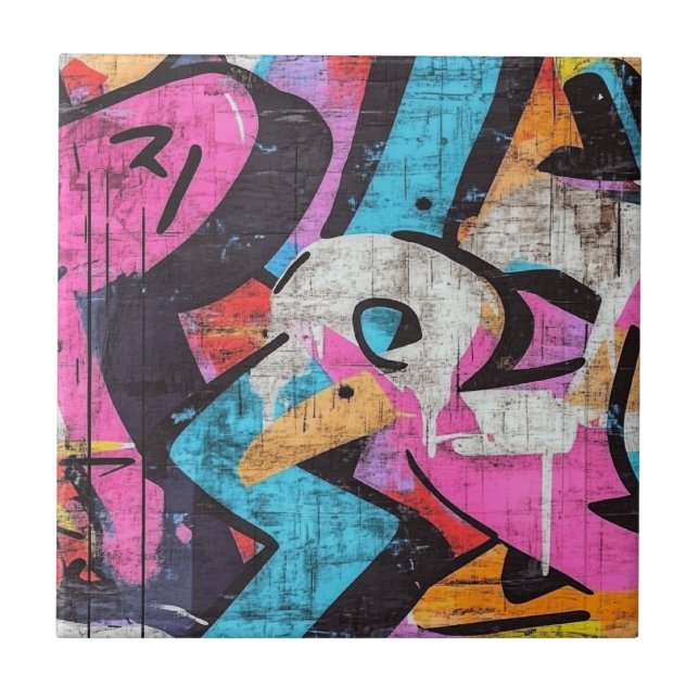 Dynamic Urban Mural with Vivid Graffiti Colours Ceramic Tile (Front)