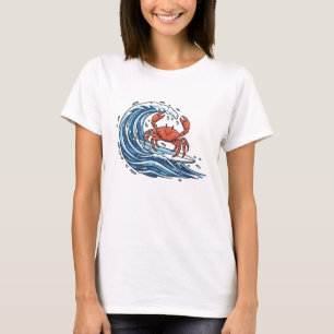 Dynamic Wave Riding Crab - Bold Ocean Graphic Art T-Shirt