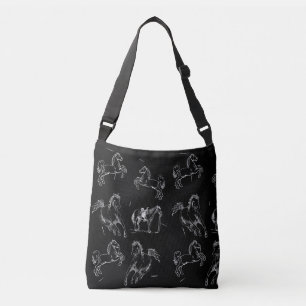 Dynamic White Line Horse Art Pattern on Black Crossbody Bag