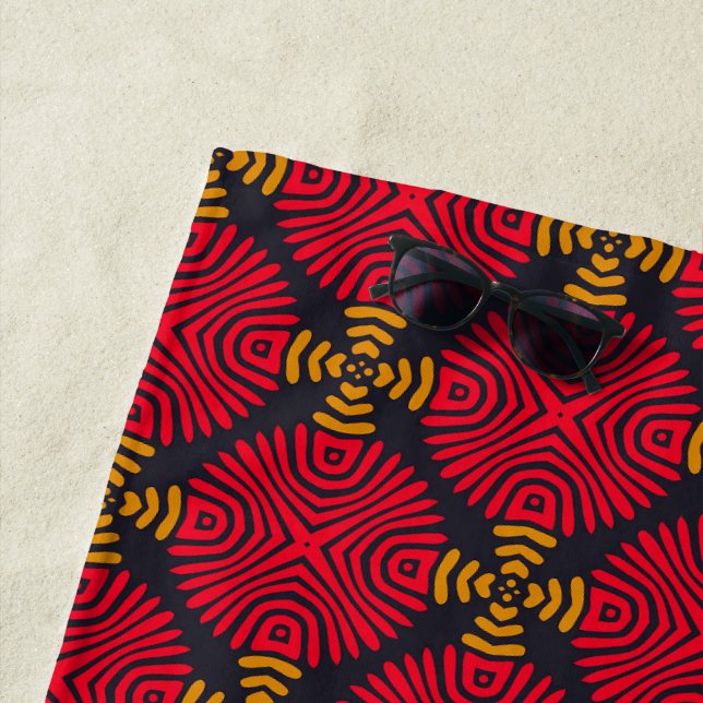 Dynasty Geometry: Red Traditional Chinese Pattern Beach Towel (In Situ)