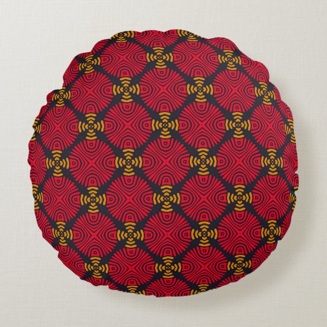 Dynasty Geometry: Red Traditional Chinese Pattern Round Cushion (Front)