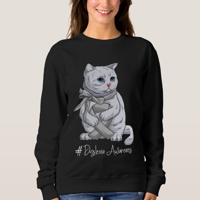Dyslexia Awareness Month Silver Ribbon Cat Sweatshirt (Front)