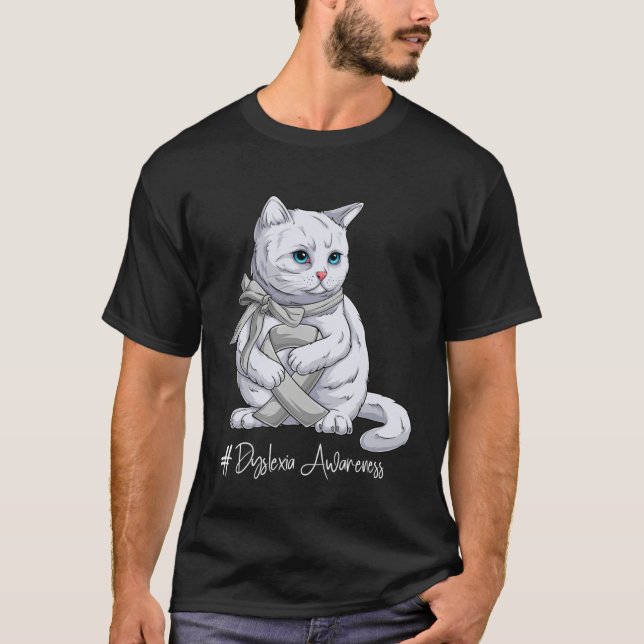 Dyslexia Awareness Month Silver Ribbon Cat T-Shirt (Front)